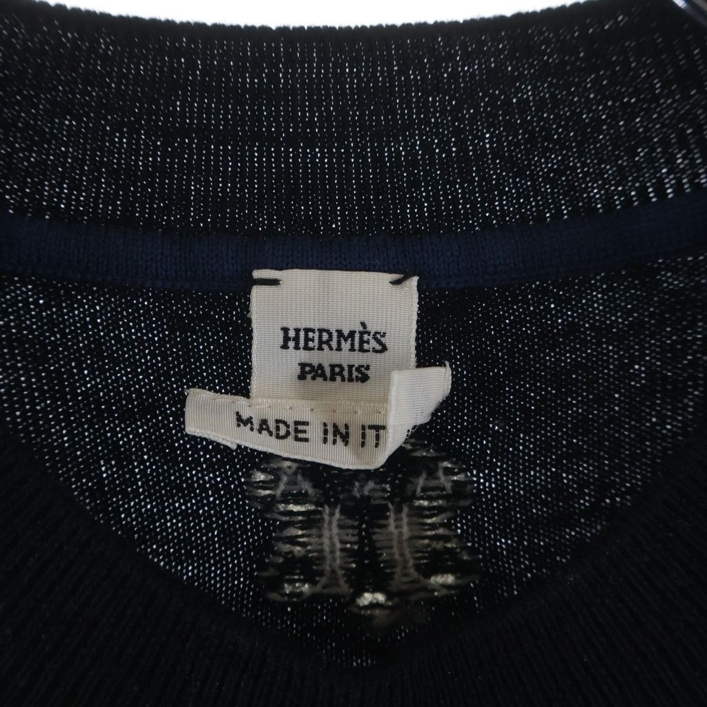 Hermes Horse Gear Embroidery Jacquard Short Sleeve Knit Sweater Navy — view 7
