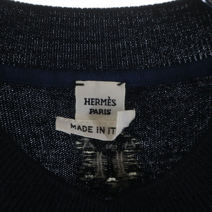 Hermes Horse Gear Embroidery Jacquard Short Sleeve Knit Sweater Navy — view 7