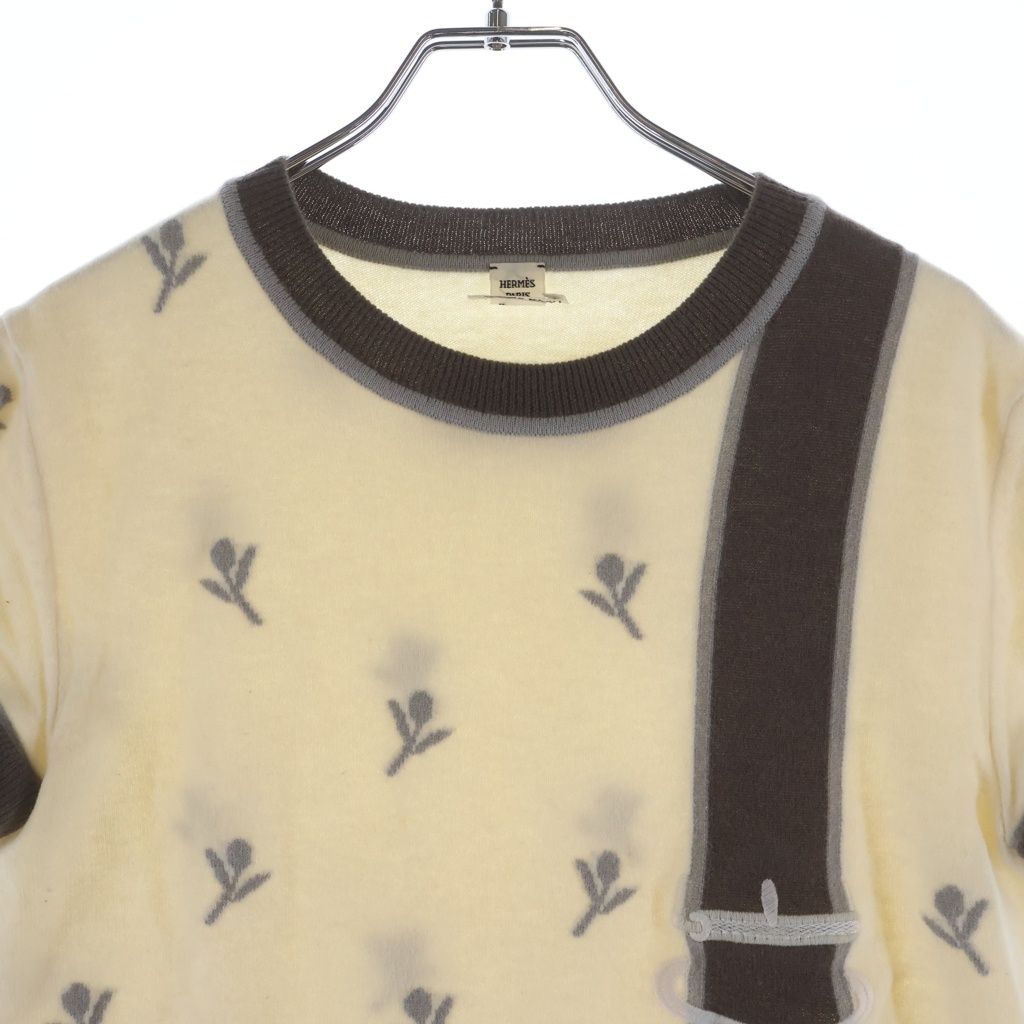 Hermes Flower Pattern Jacquard Short Sleeve Knit Sweater Ivory — view 3