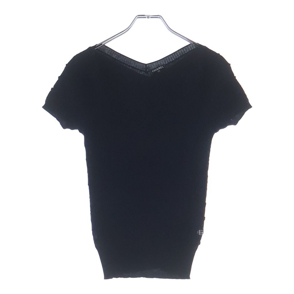 Chanel CC Logo Plate Neck Short Sleeve Knit Top Navy Sweater