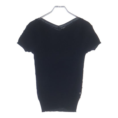 Chanel CC Logo Plate Neck Short Sleeve Knit Top Navy Sweater