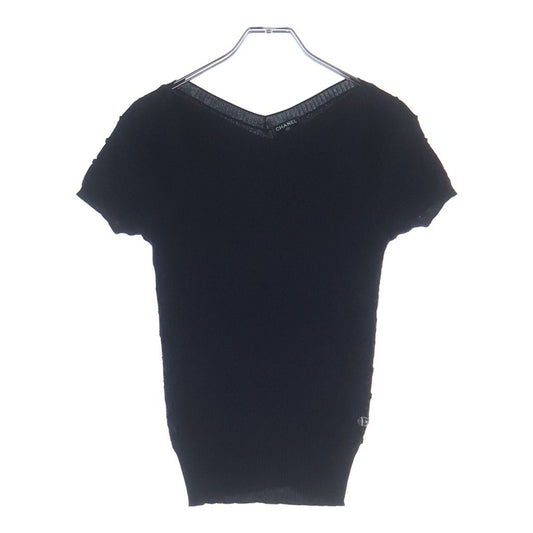 Chanel CC Logo Plate Neck Short Sleeve Knit Top Navy Sweater