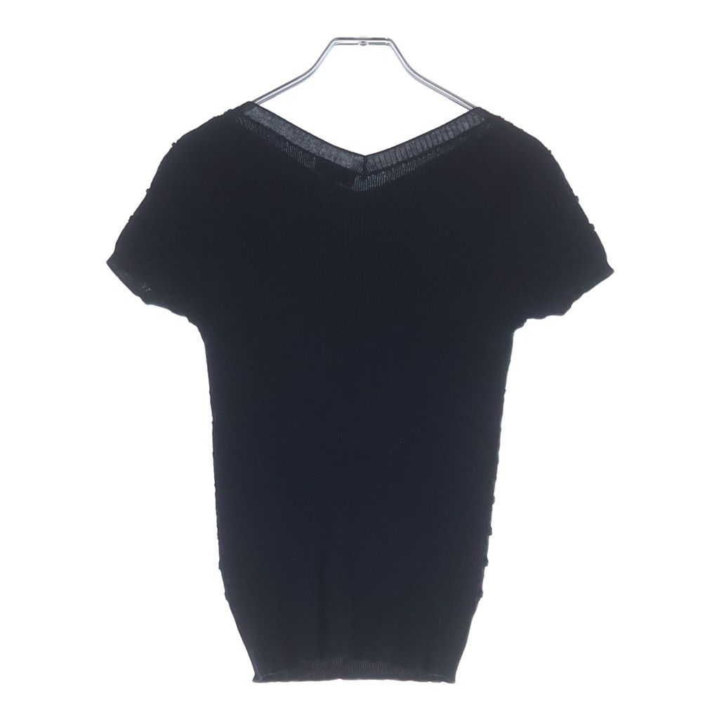 Chanel CC Logo Plate Neck Short Sleeve Knit Top Navy Sweater — view 2