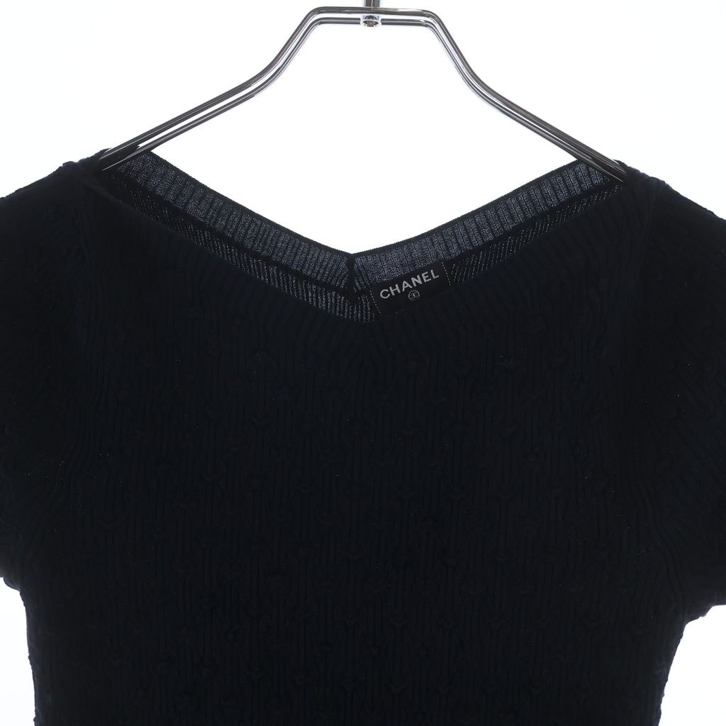 Chanel CC Logo Plate Neck Short Sleeve Knit Top Navy Sweater — view 3