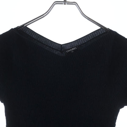 Chanel CC Logo Plate Neck Short Sleeve Knit Top Navy Sweater — view 3
