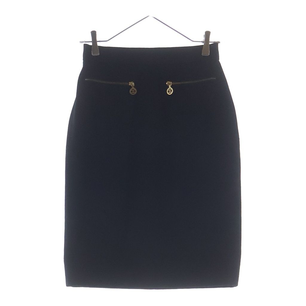Chanel Wool Zip Knee Length Skirt Black 36
