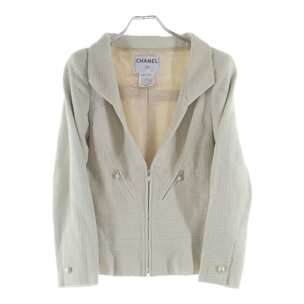 Chanel Tweed Suit Pearl Zip Up Jacket Mini Skirt Ivory — view 2