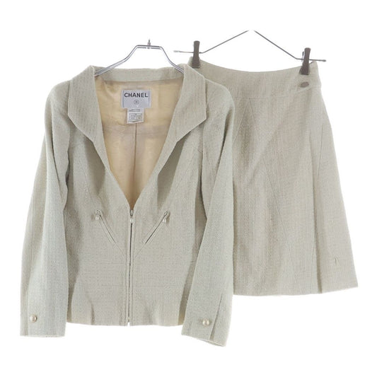Chanel Tweed Suit Pearl Zip Up Jacket Mini Skirt Ivory