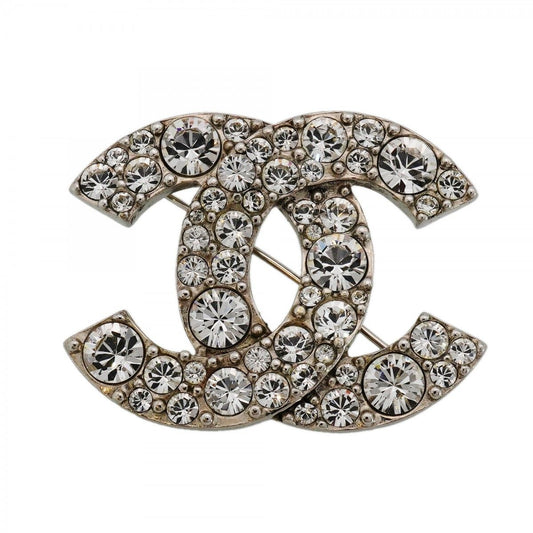 Chanel Brooch CC Logo Metal Rhinestone Silver