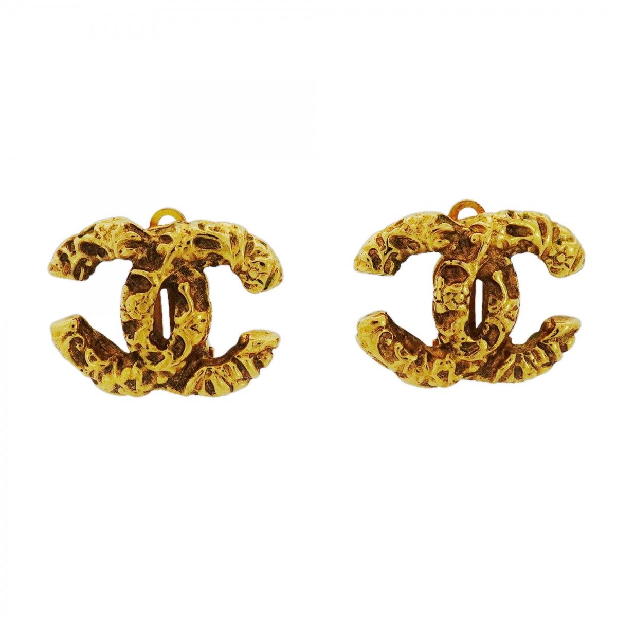 Chanel Earrings Vintage CC Logo Lava Motif Gold Plated