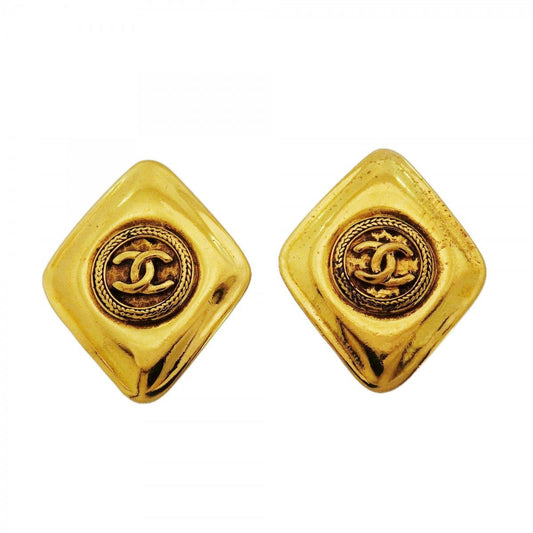 Chanel Earrings Vintage CC Logo Diamond Gold Plated