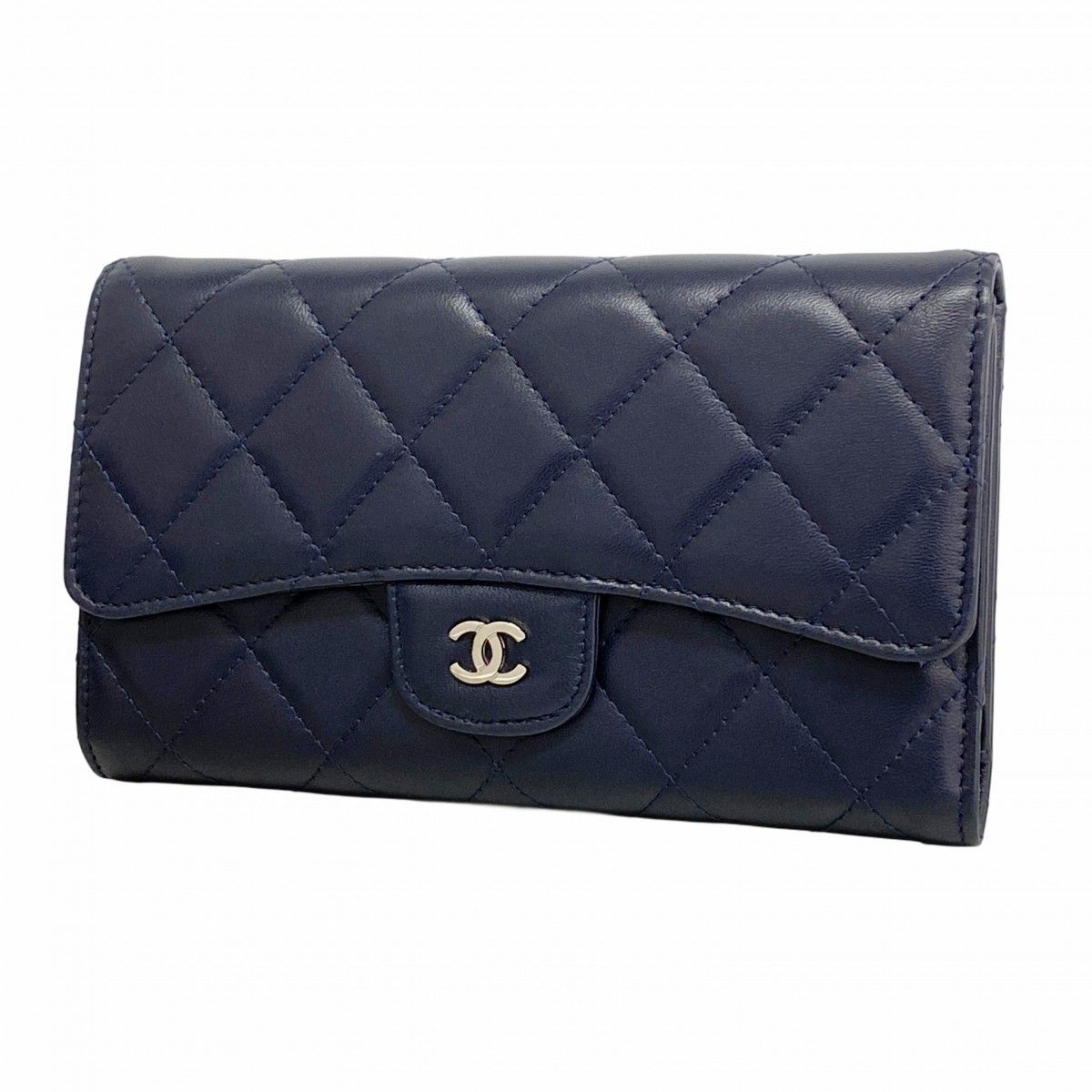 Chanel Wallet Quilted Lambskin Navy Silver