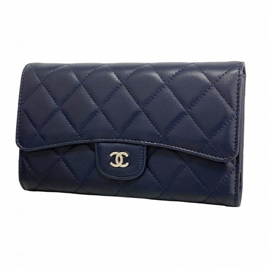 Chanel Wallet Quilted Lambskin Navy Silver