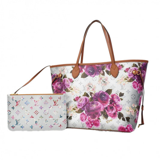 Louis Vuitton Tote LV Garden Neverfull MM Silver Pink Flower Floral