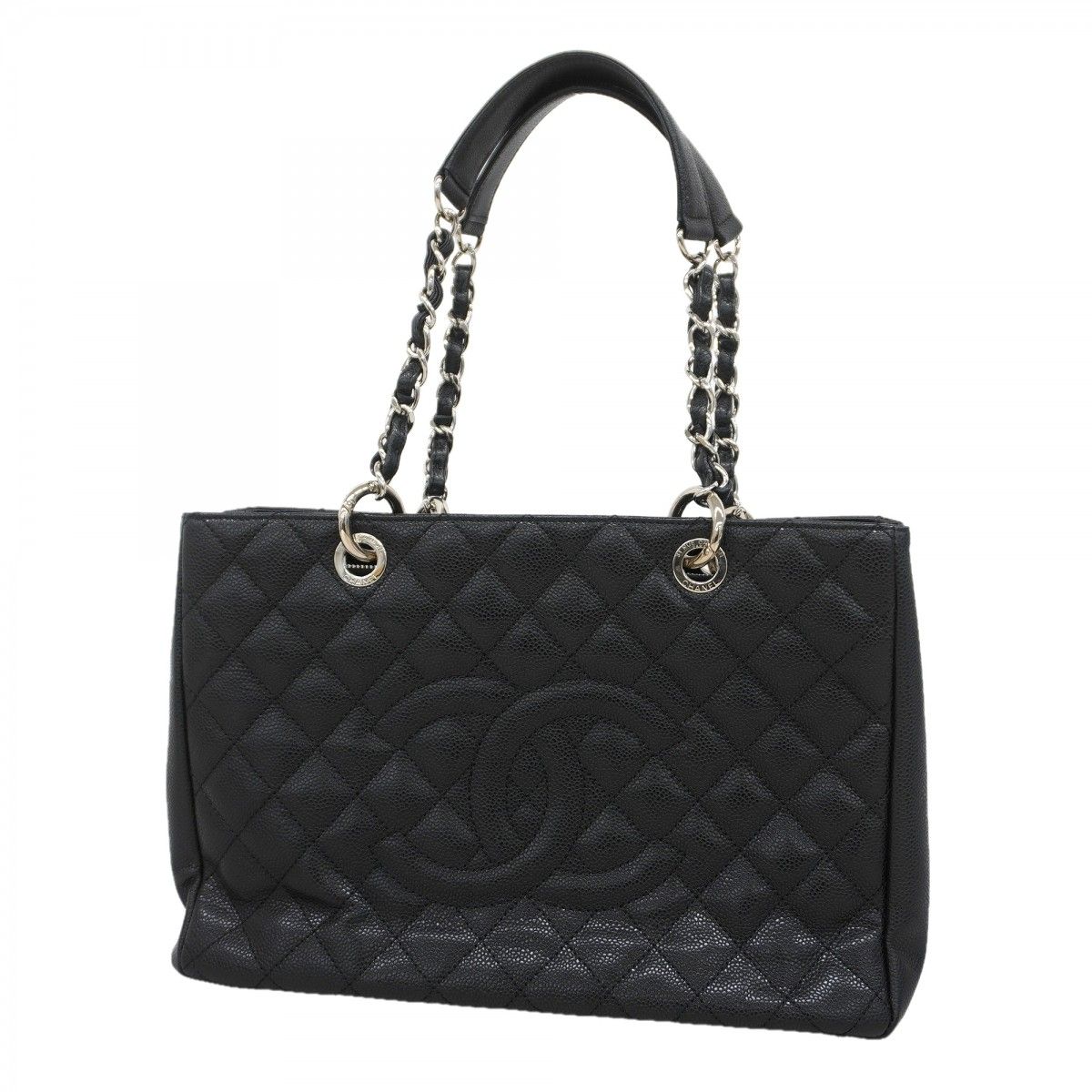 Chanel Chain Tote Quilted Caviar Leather Black Silver