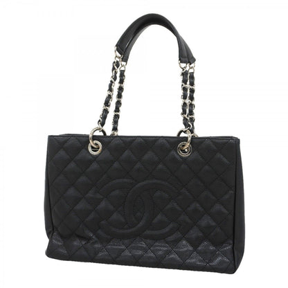 Chanel Chain Tote Quilted Caviar Leather Black Silver