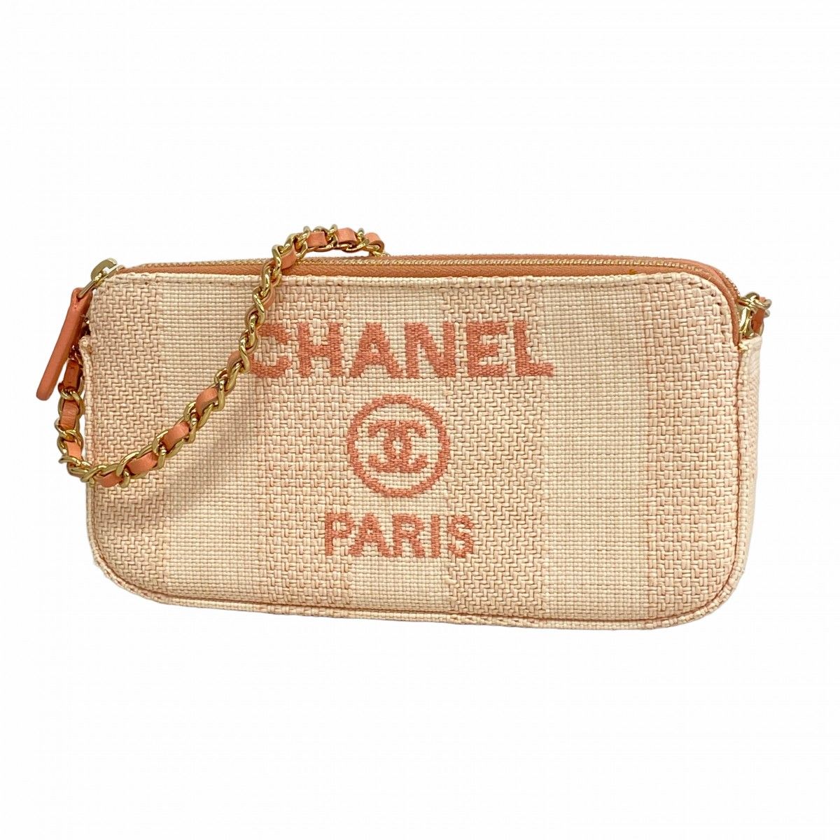 Chanel Shoulder Bag Deauville Canvas Pink Ivory Champagne Gold