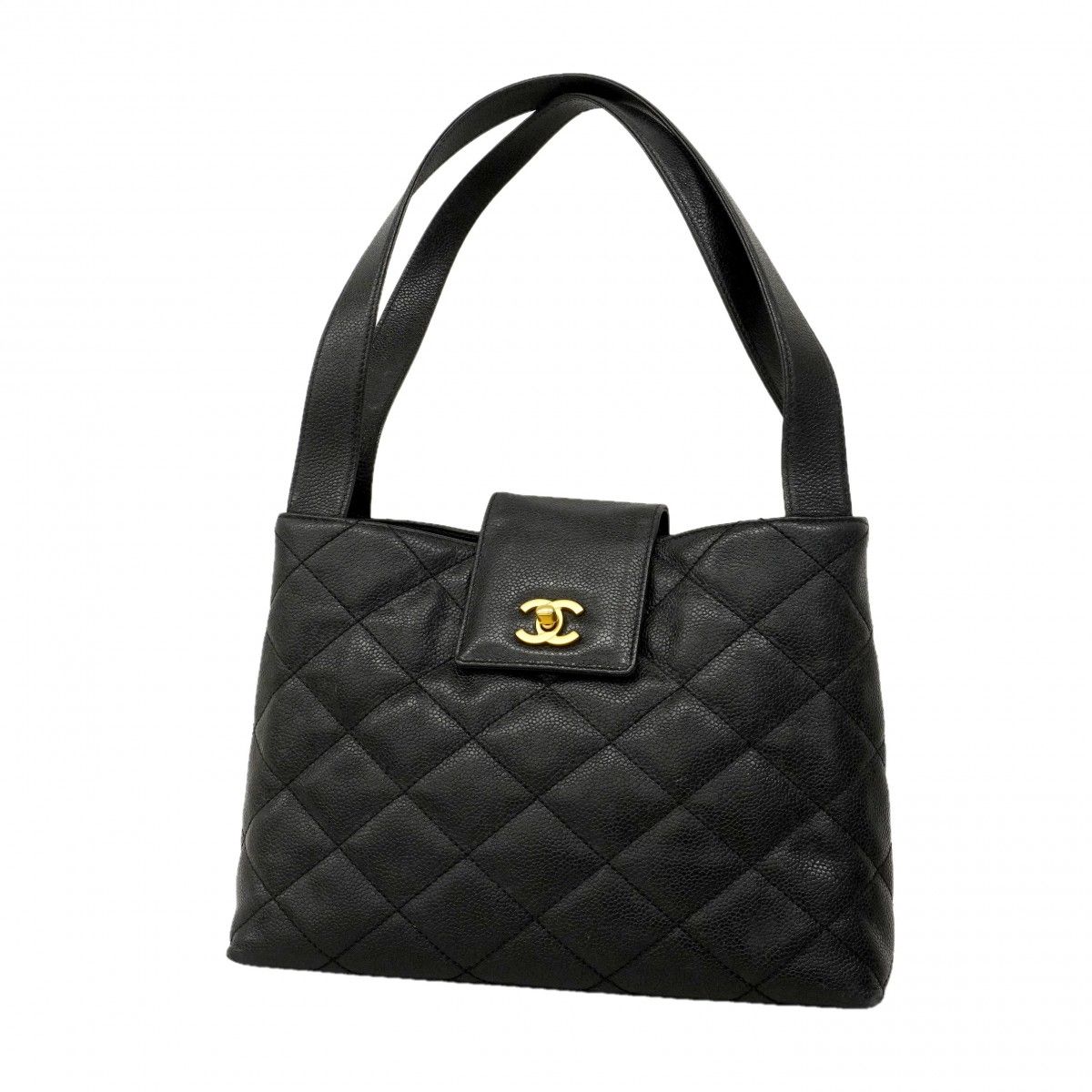 Chanel Shoulder Bag Quilted Caviar Leather Black Gold