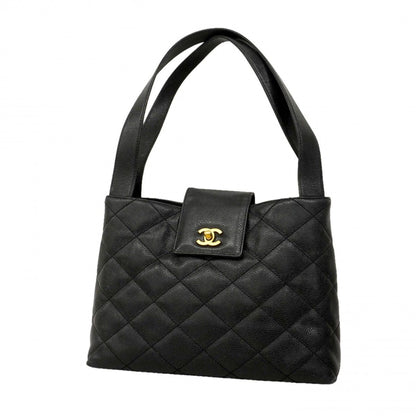 Chanel Shoulder Bag Quilted Caviar Leather Black Gold