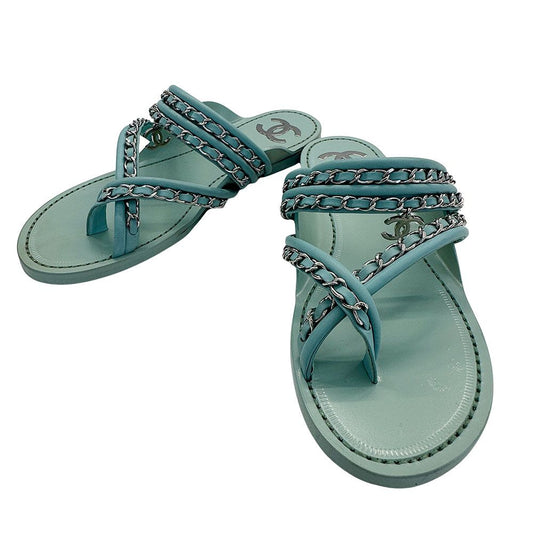 Chanel Sandals Leather Thong Mint Green 38c Chain CC Logo