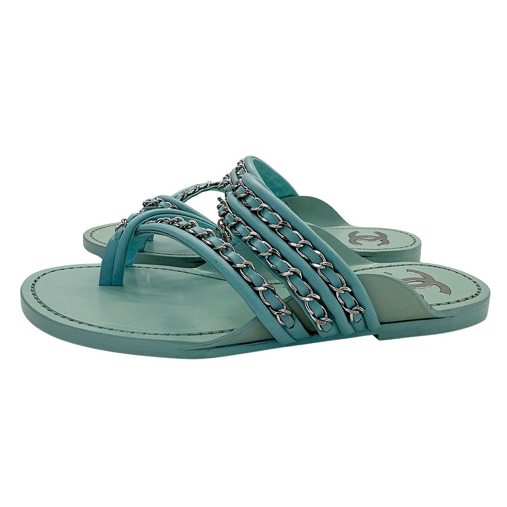 Chanel Sandals Leather Thong Mint Green 38c Chain CC Logo — view 3