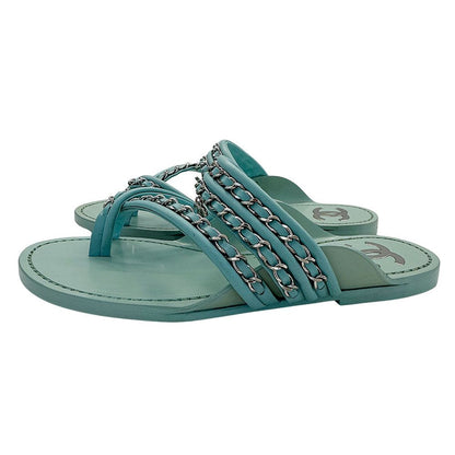 Chanel Sandals Leather Thong Mint Green 38c Chain CC Logo — view 3