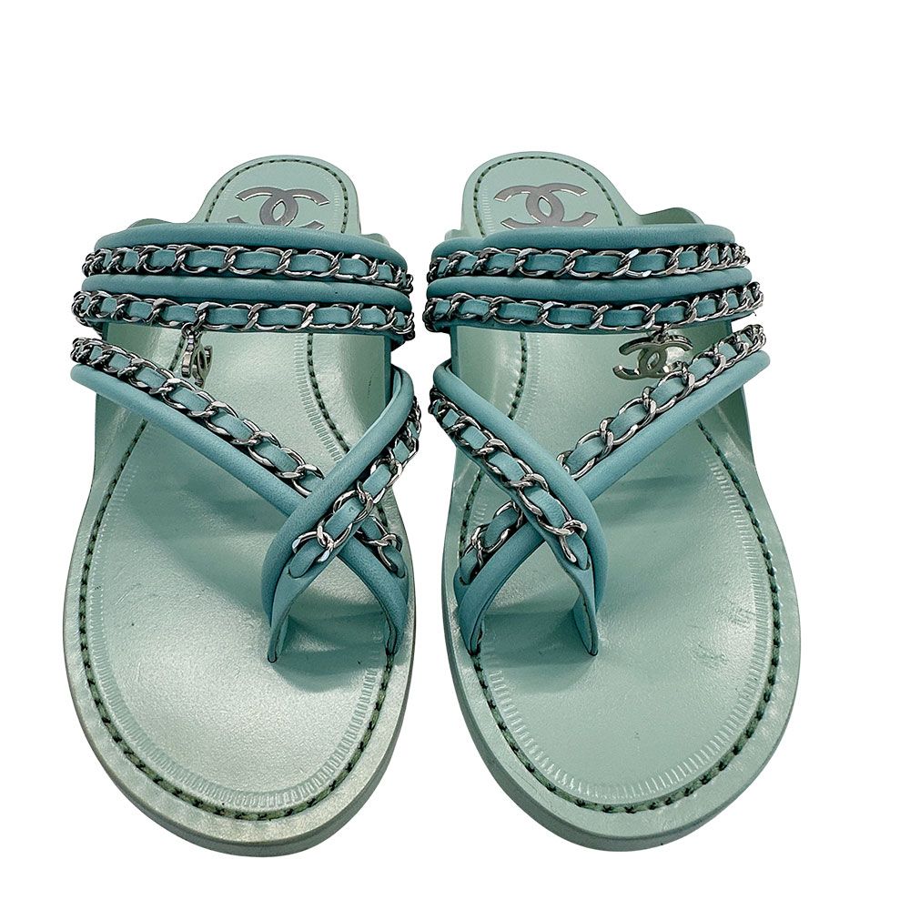 Chanel Sandals Leather Thong Mint Green 38c Chain CC Logo — view 2