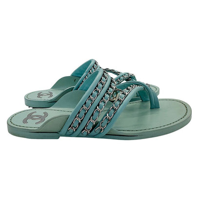 Chanel Sandals Leather Thong Mint Green 38c Chain CC Logo — view 5