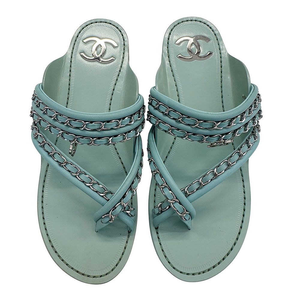 Chanel Sandals Leather Thong Mint Green 38c Chain CC Logo — view 7