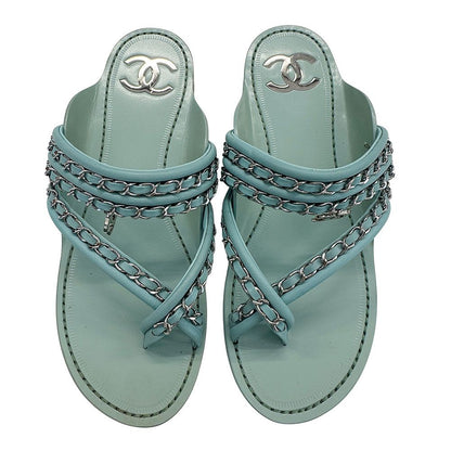 Chanel Sandals Leather Thong Mint Green 38c Chain CC Logo — view 7