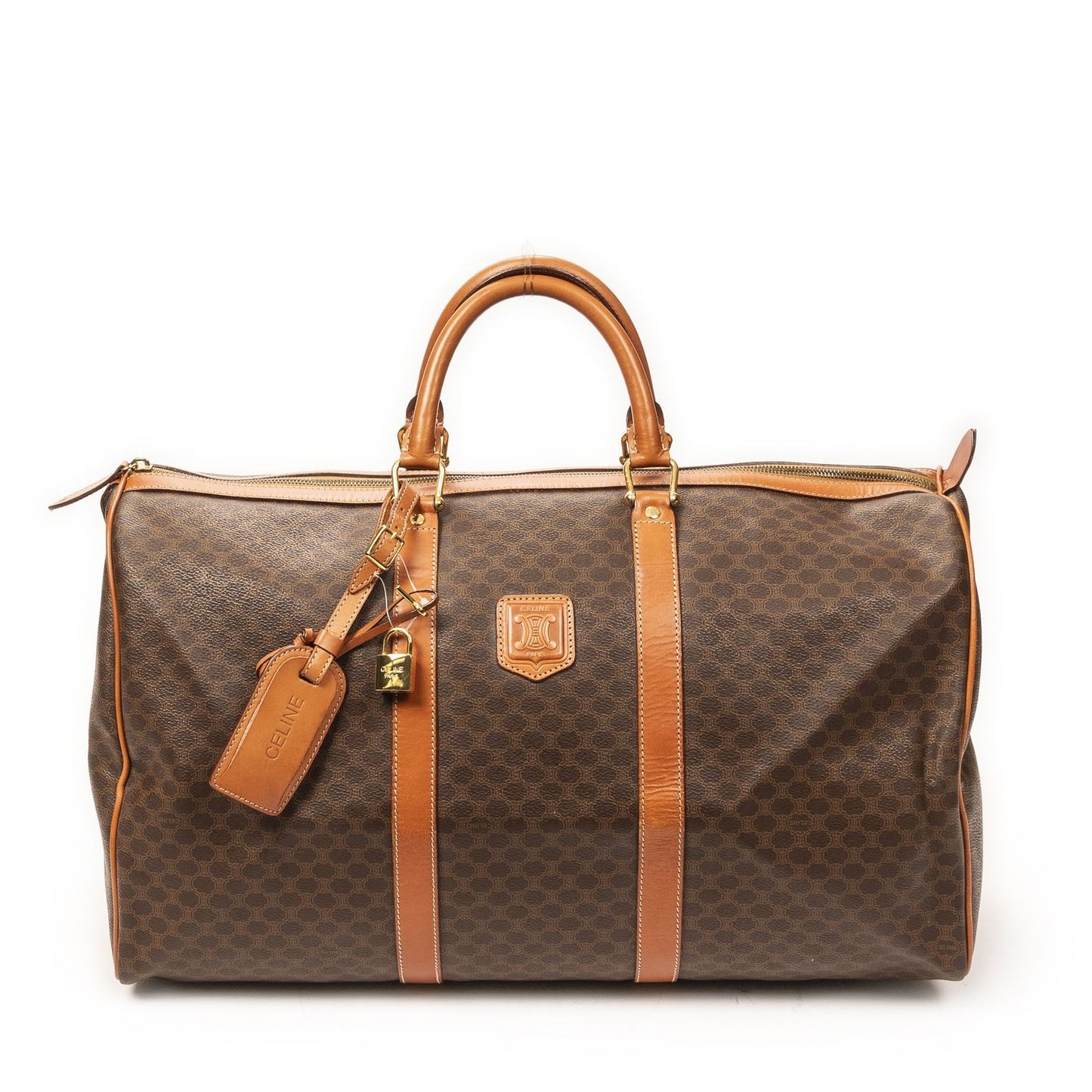 Celine Vintage Large Travel Boston Brown Macadam Canvas Shoulder Bag