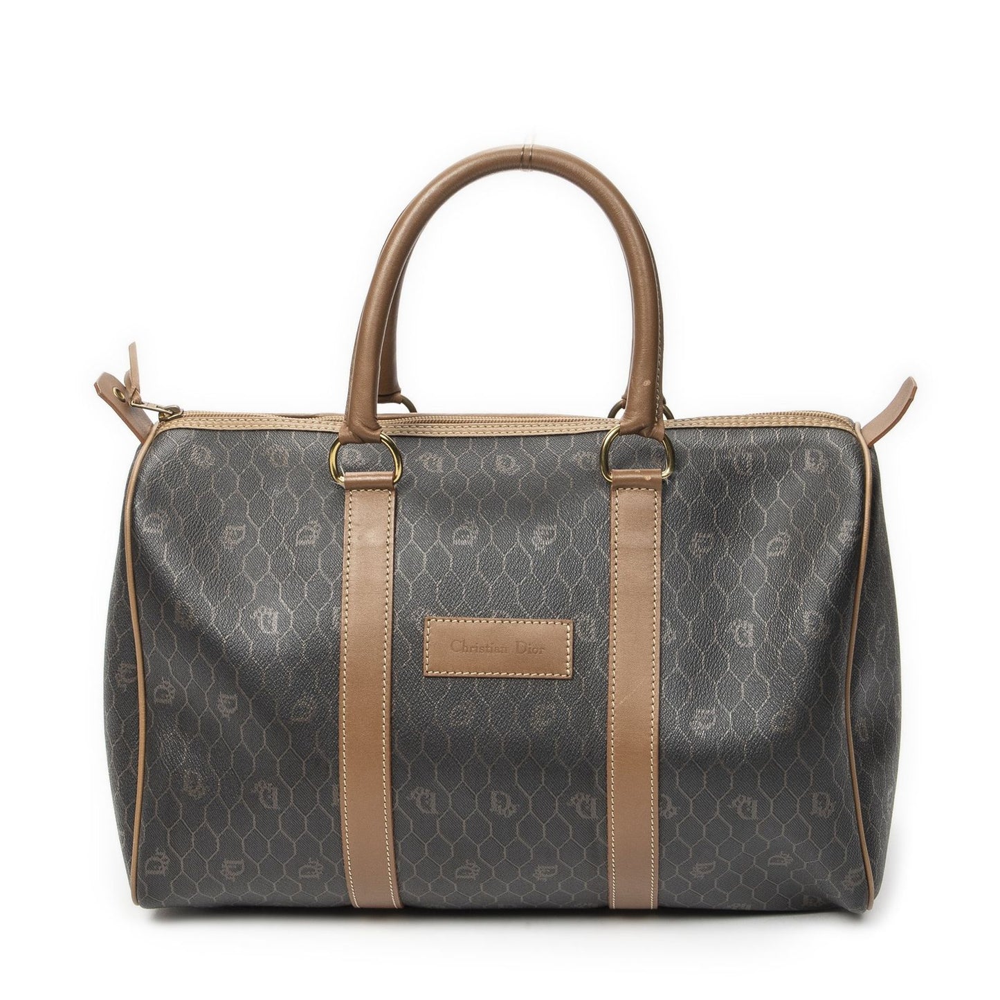 Dior Vintage Boston Dark Gray Brown Honeycomb Canvas Shoulder Bag