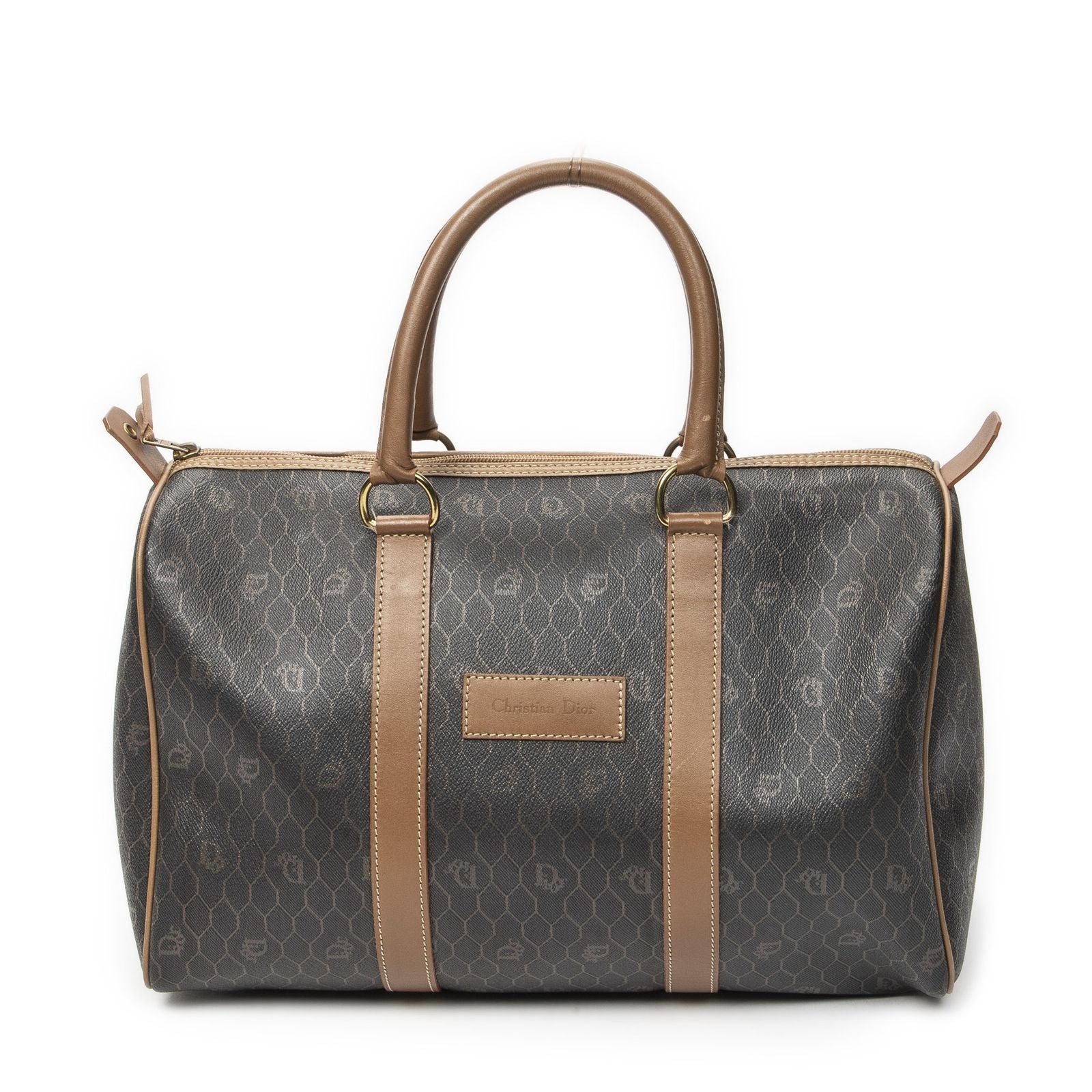 Dior Vintage Boston Dark Gray Brown Honeycomb Canvas Shoulder Bag