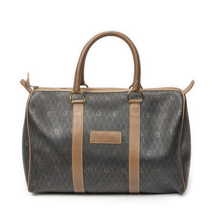 Dior Vintage Boston Dark Gray Brown Honeycomb Canvas Shoulder Bag