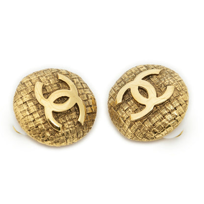 Chanel CC Logo Round Clip Type Earrings Gold Plated
