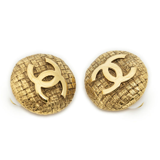 Chanel CC Logo Round Clip Type Earrings Gold Plated