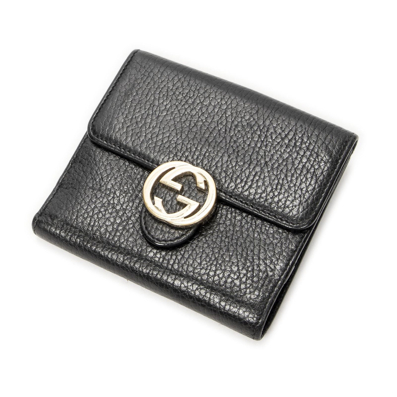 Gucci Interlocking Compact French Wallet Black Gray Calfskin Leather