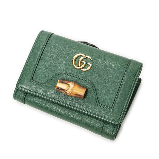 Gucci GG Diana Bamboo Trifold Wallet Green Calfskin Leather