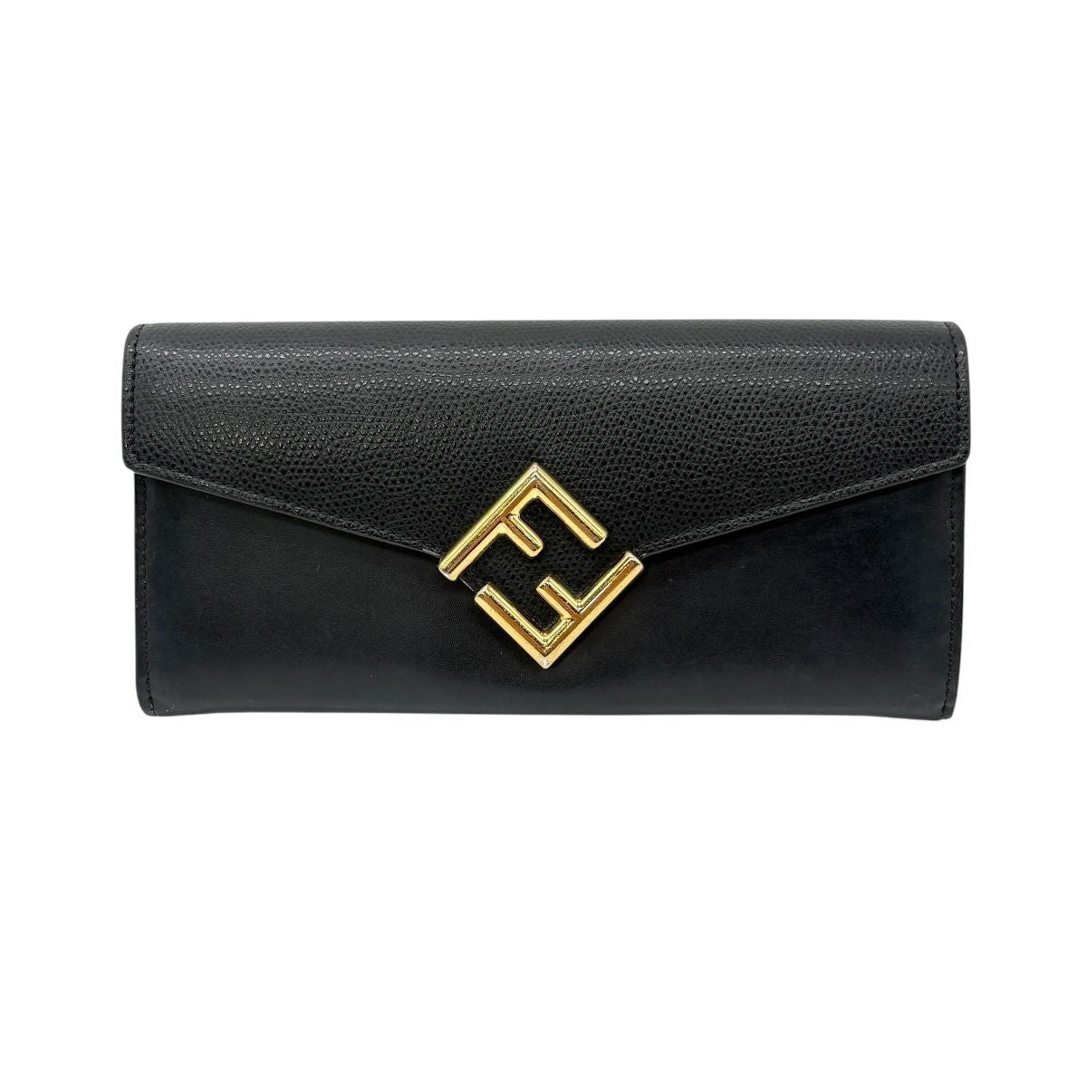 Fendi Wallet FF Diamond Continental Leather Black Gold Folding