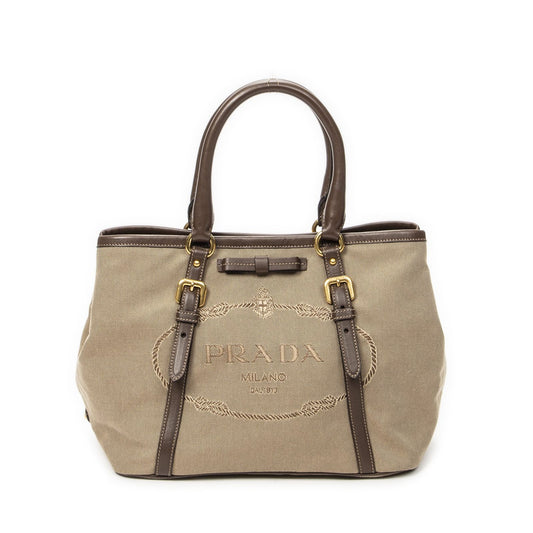Prada Tote Beige Brown Jaca Dog Canvas