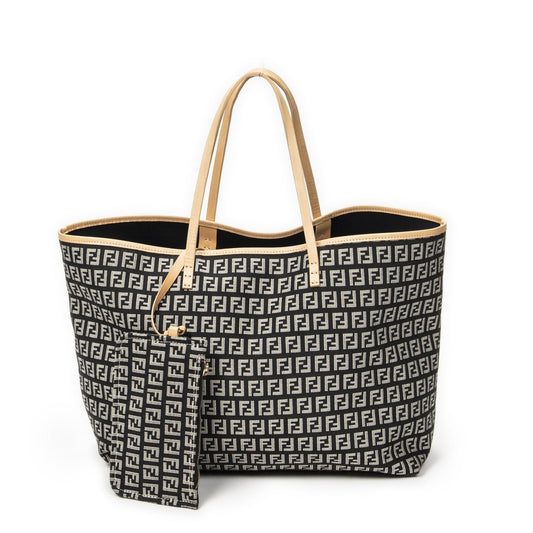 Fendi Roll Tote Black Beige Zucchino Canvas