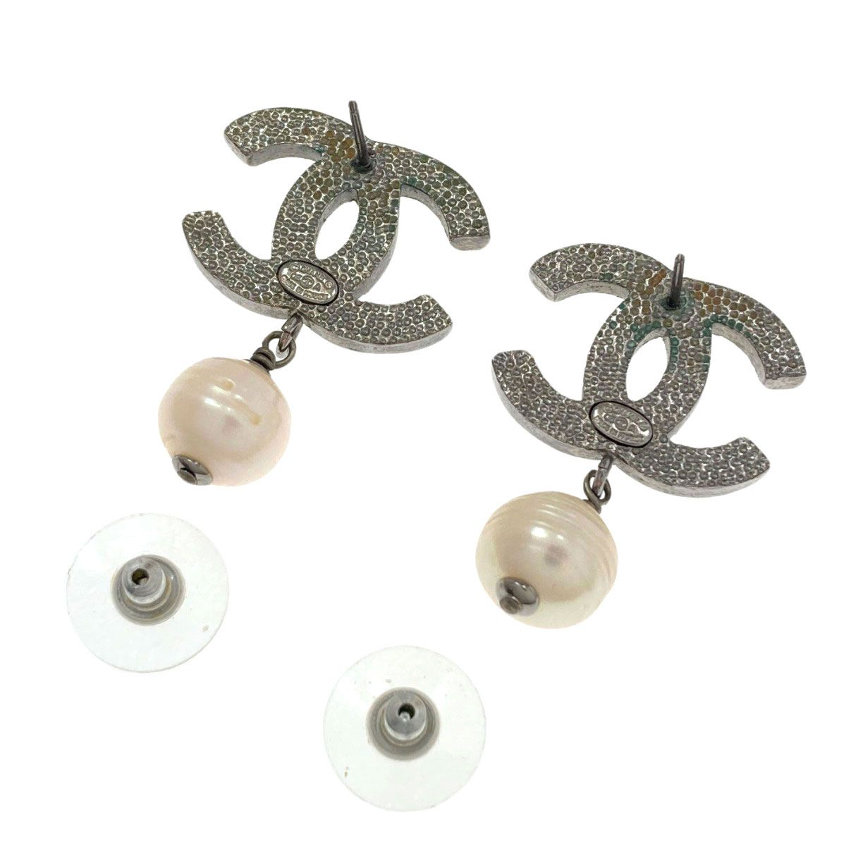 Chanel CC Logo Rhinestone Faux Pearl Earrings Metal — view 2