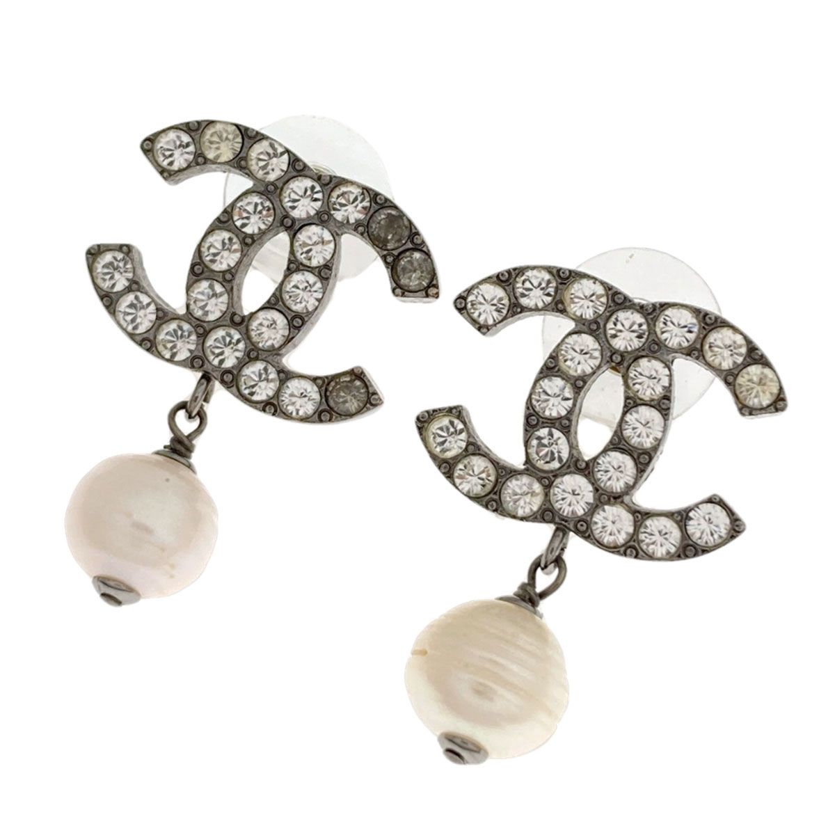 Chanel CC Logo Rhinestone Faux Pearl Earrings Metal