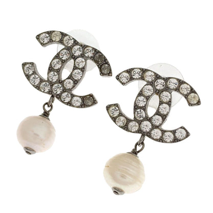 Chanel CC Logo Rhinestone Faux Pearl Earrings Metal