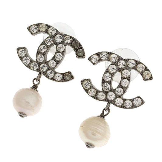 Chanel CC Logo Rhinestone Faux Pearl Earrings Metal