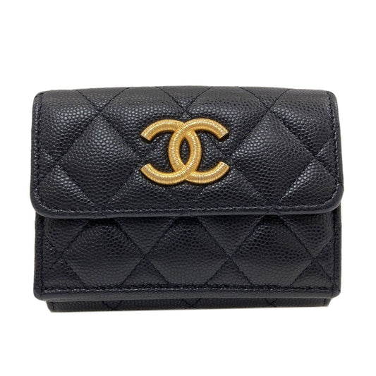 Chanel CC Logo Quilted Gold Bifold Wallet Gray Calfskin
