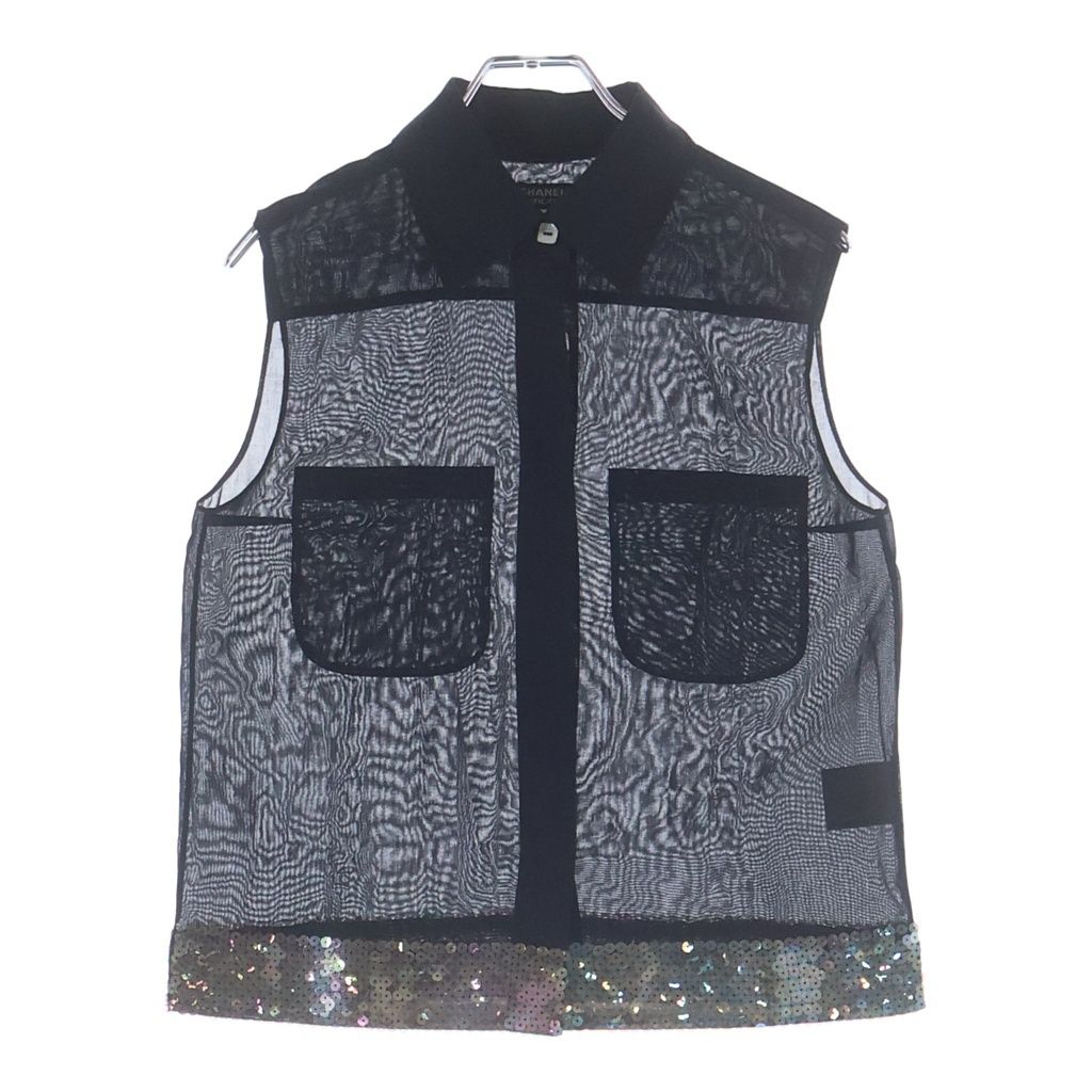 Chanel Sequin Sheer Sleeveless Blouse Black 38