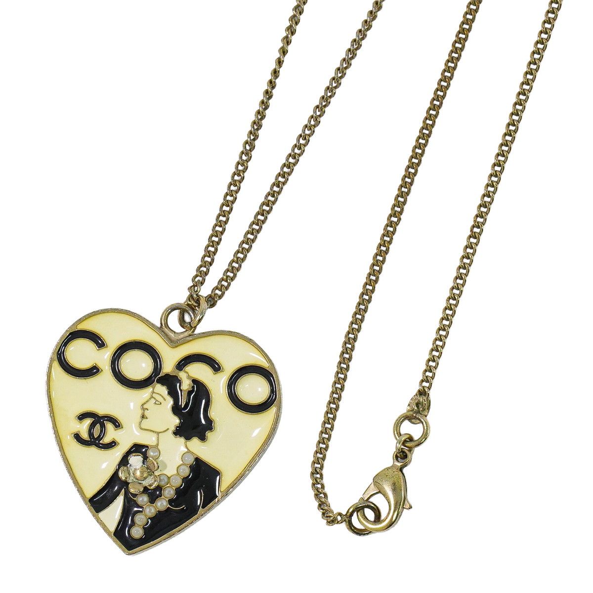 Chanel Coco Mademoiselle Heart Faux Pearl Necklace Pendant Gold Plated Ivory