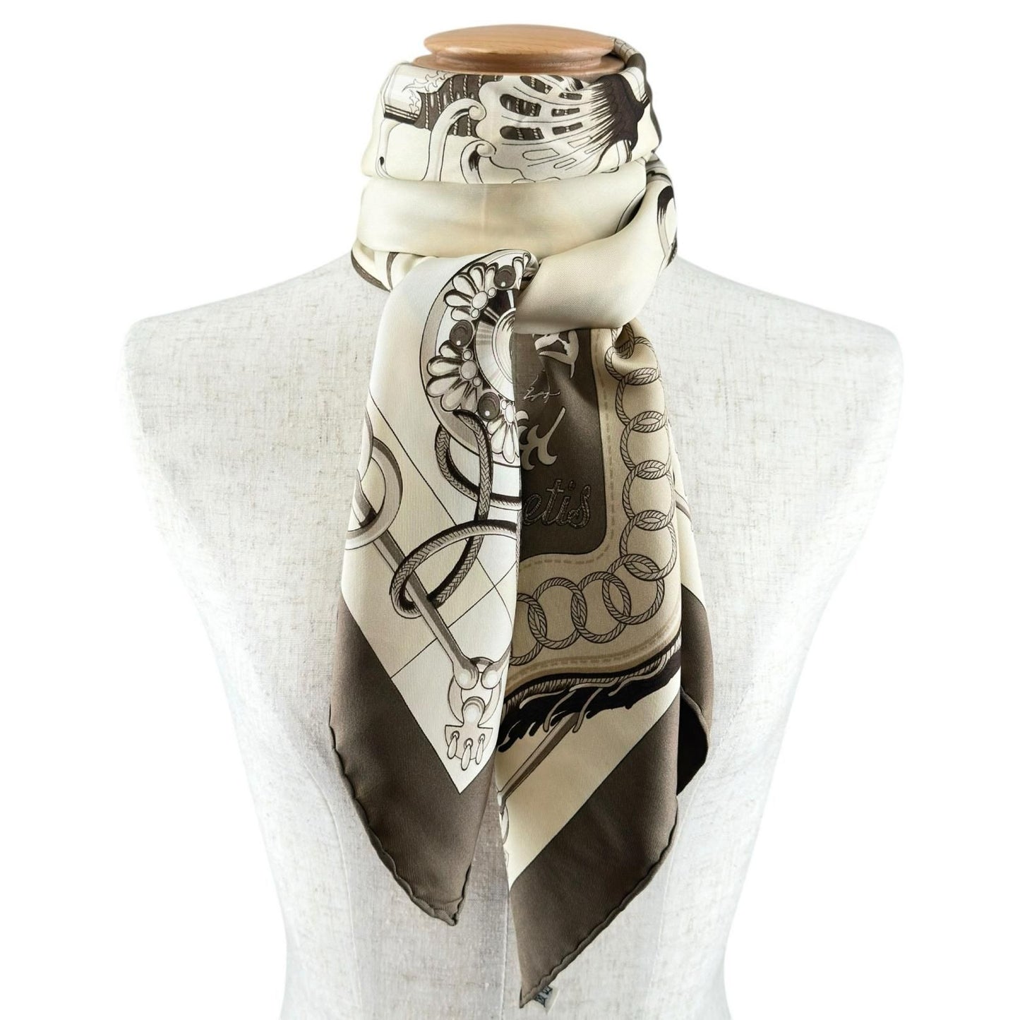 Hermes Carre 90 Cliquetis Silk Brown Beige Scarf — view 4