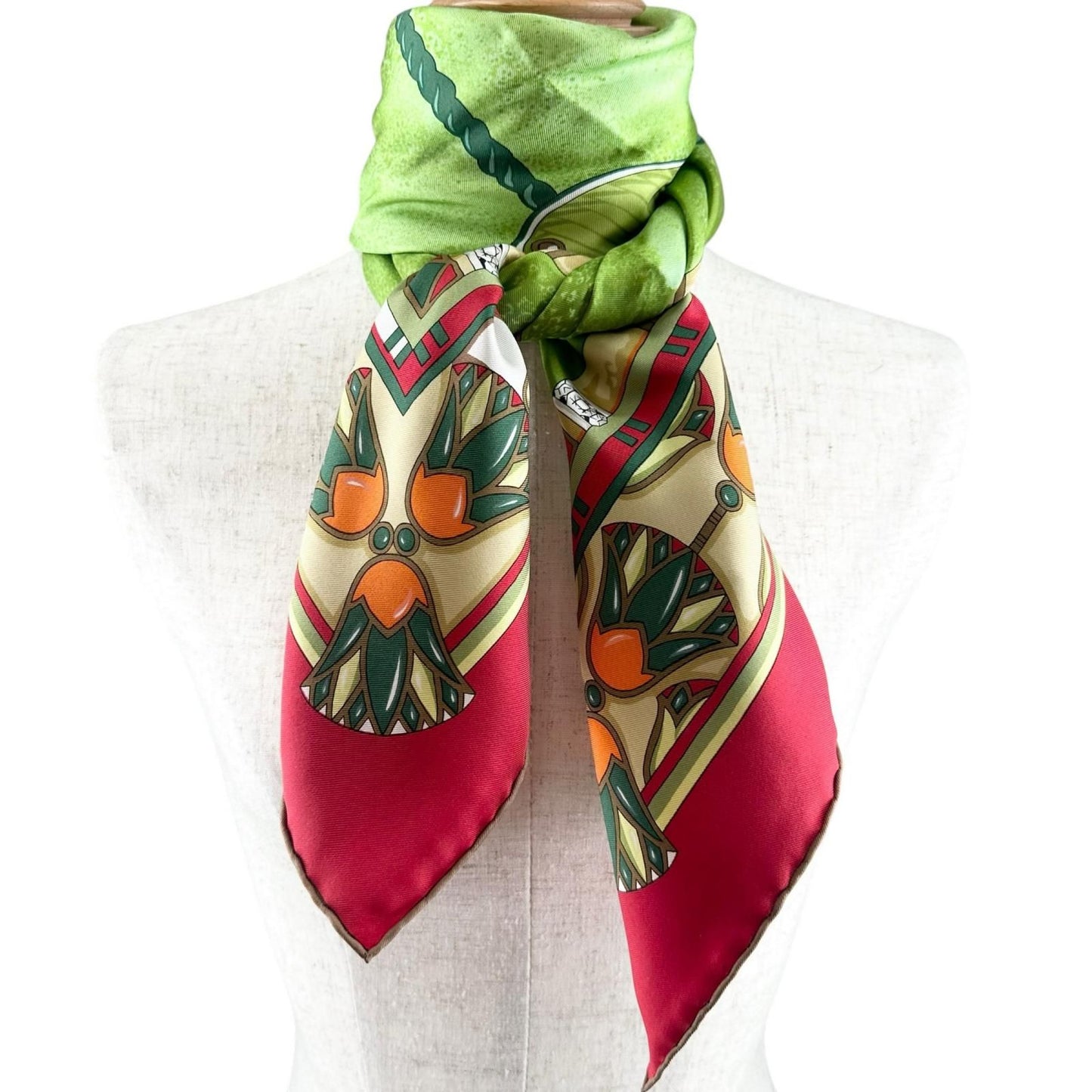 Cartier Scarab Pattern Silk Green Red Scarf — view 4